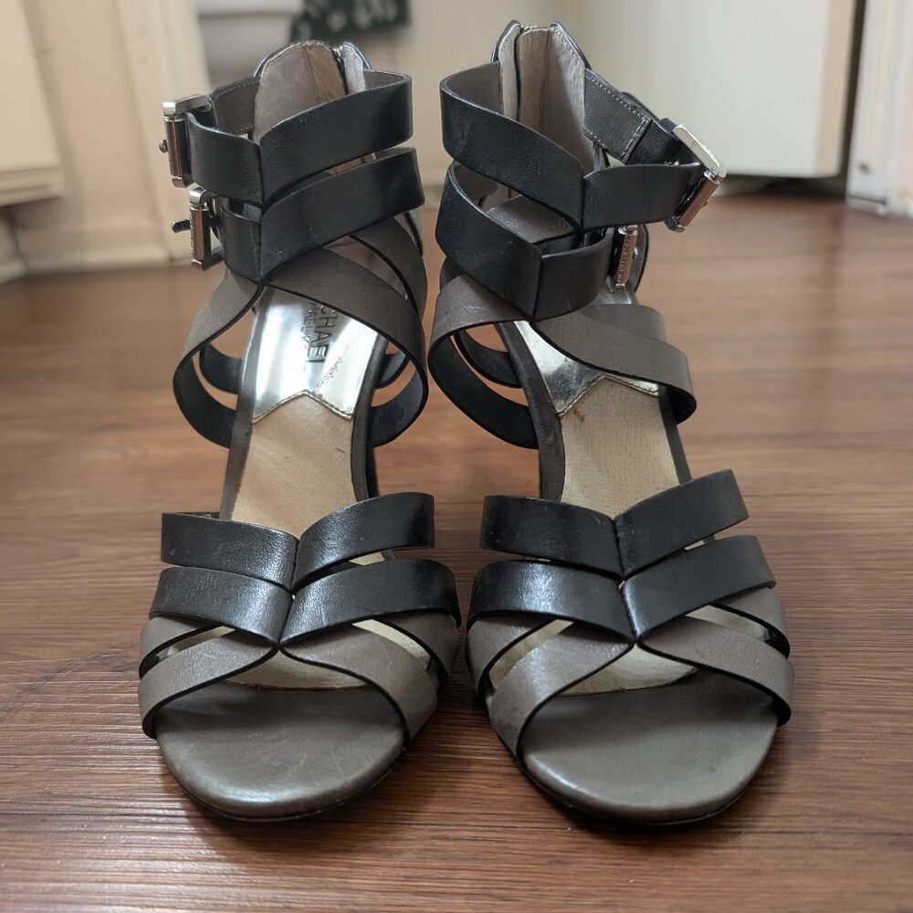 Michael Kors Double Buckle Strappy Heel Sandals Black/Grey